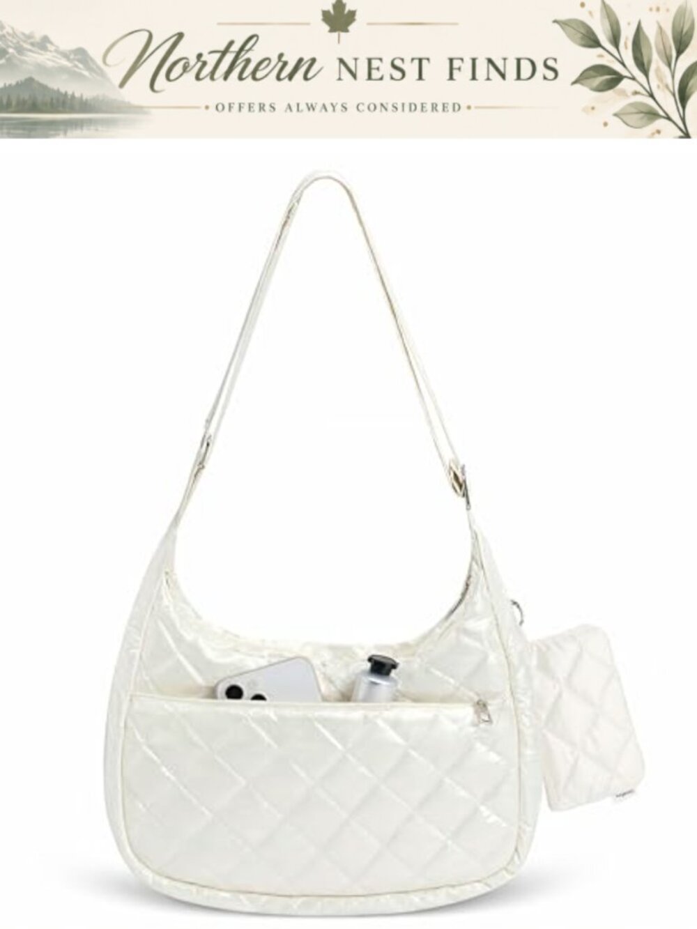 Quilted Puffer Crossbody Bag Set with Coin Purse Wide Strap Crescent